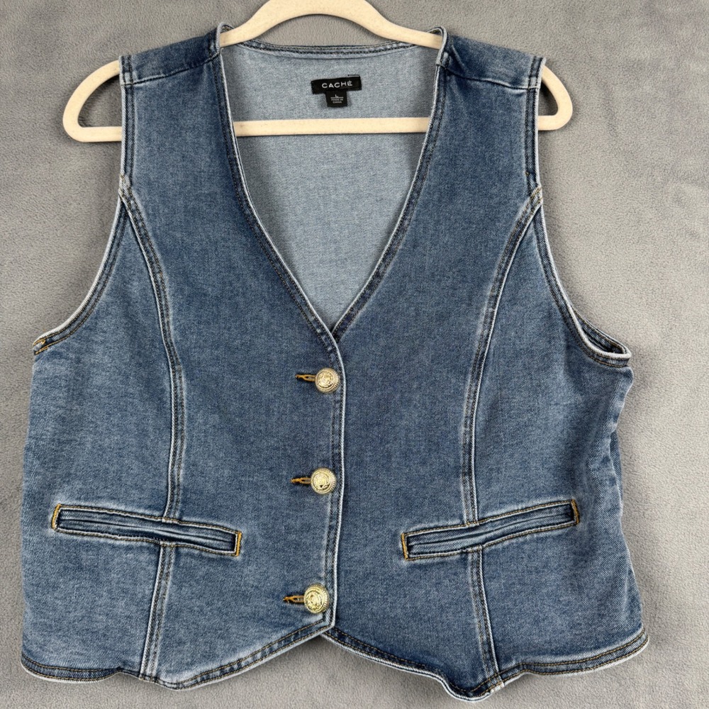 Cache Womens Denim Vest Medium Wash Gold Crest Button Waist Tie Blue Large